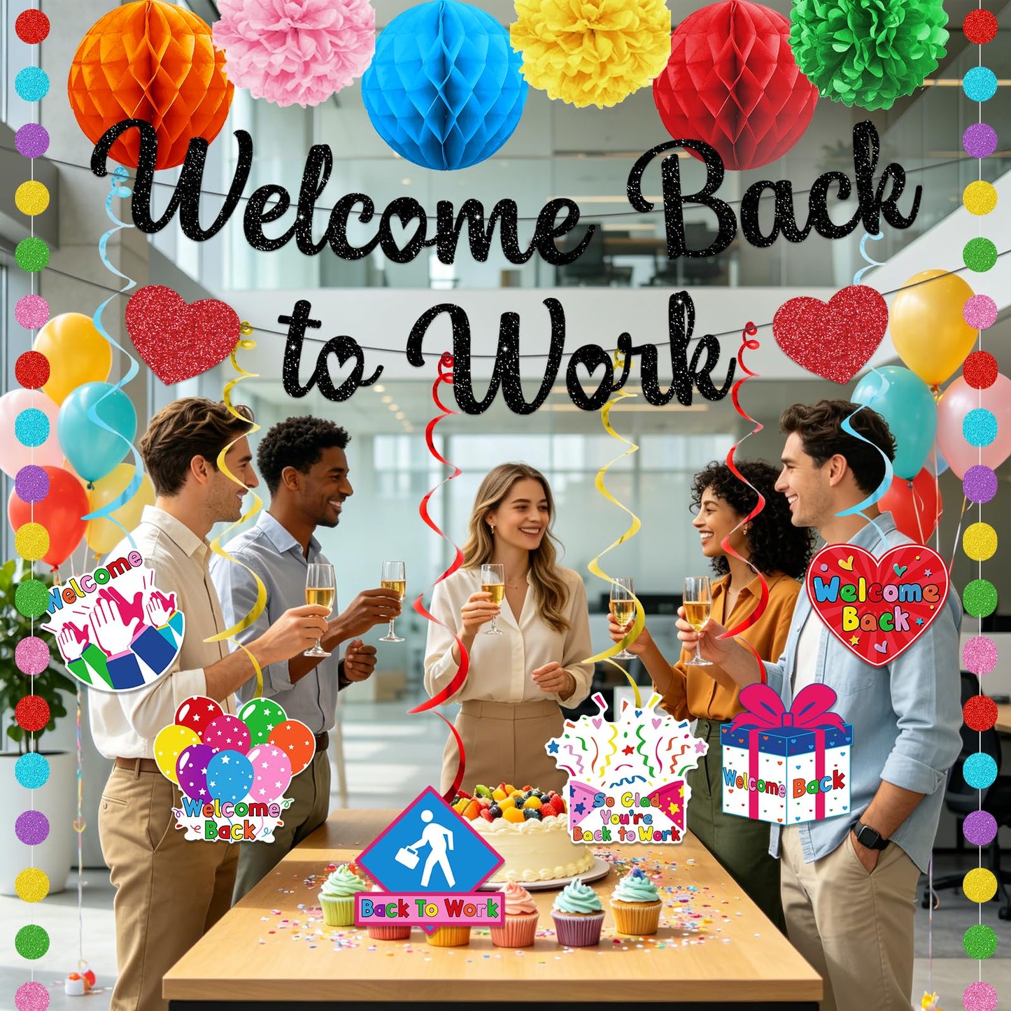 Welcome Back Decorations for Office Welcome Back to Work Decorations with Black Glitter Banner Circle Dots Garland Hanging Swirls Pom Poms Welcome