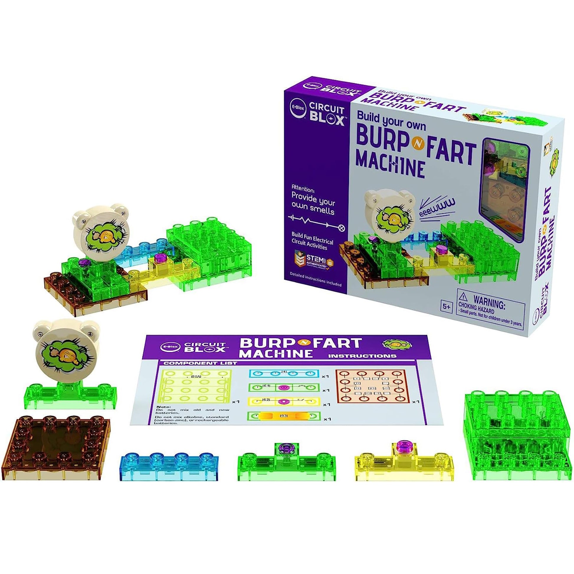 E-Blox Building Blocks STEM Circuit Kit, Build Your Own Burp & Fart Machine, Add Funny Sounds to Brick & Structure Science Projects, Birthday & Gag