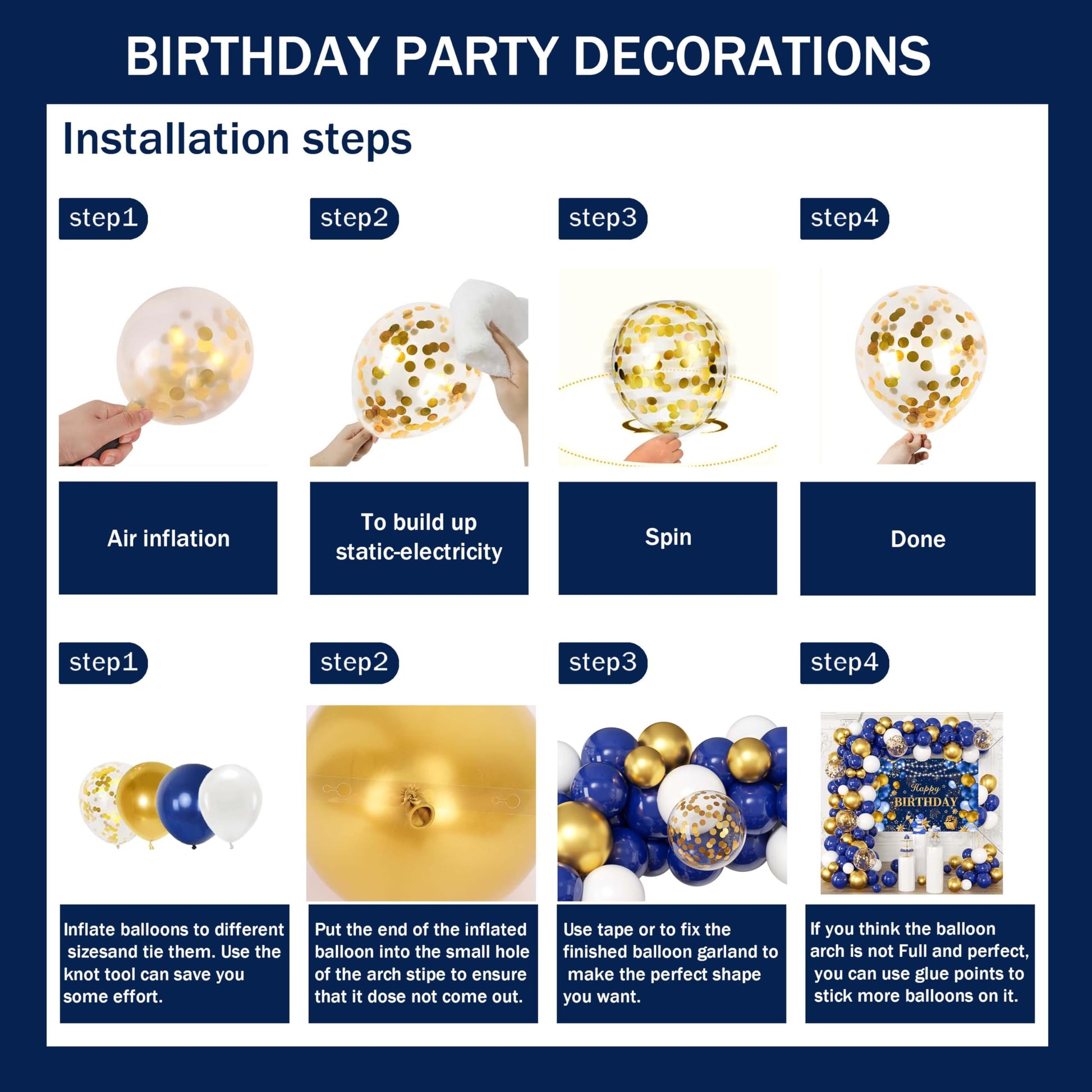 Blue and Gold Happy Birthday Decorations for Men,Birthday Banner, 70pcs Balloons, Backdrop,Balloon Arch Supplies for Boy
