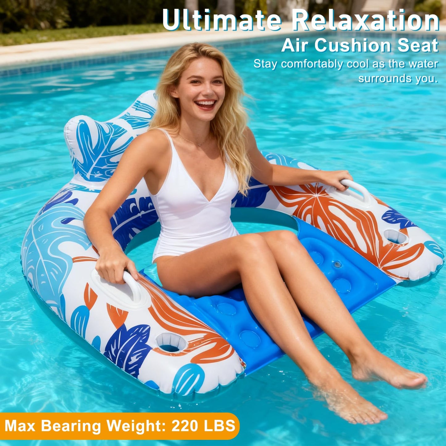 BSIEZC Pool Floats, 3Pack Inflatable Pool Floats Adult & Kids, U-Shaped Pool Float Lounger with Comfortable Headrest,Cup Holders Sturdy Handles
