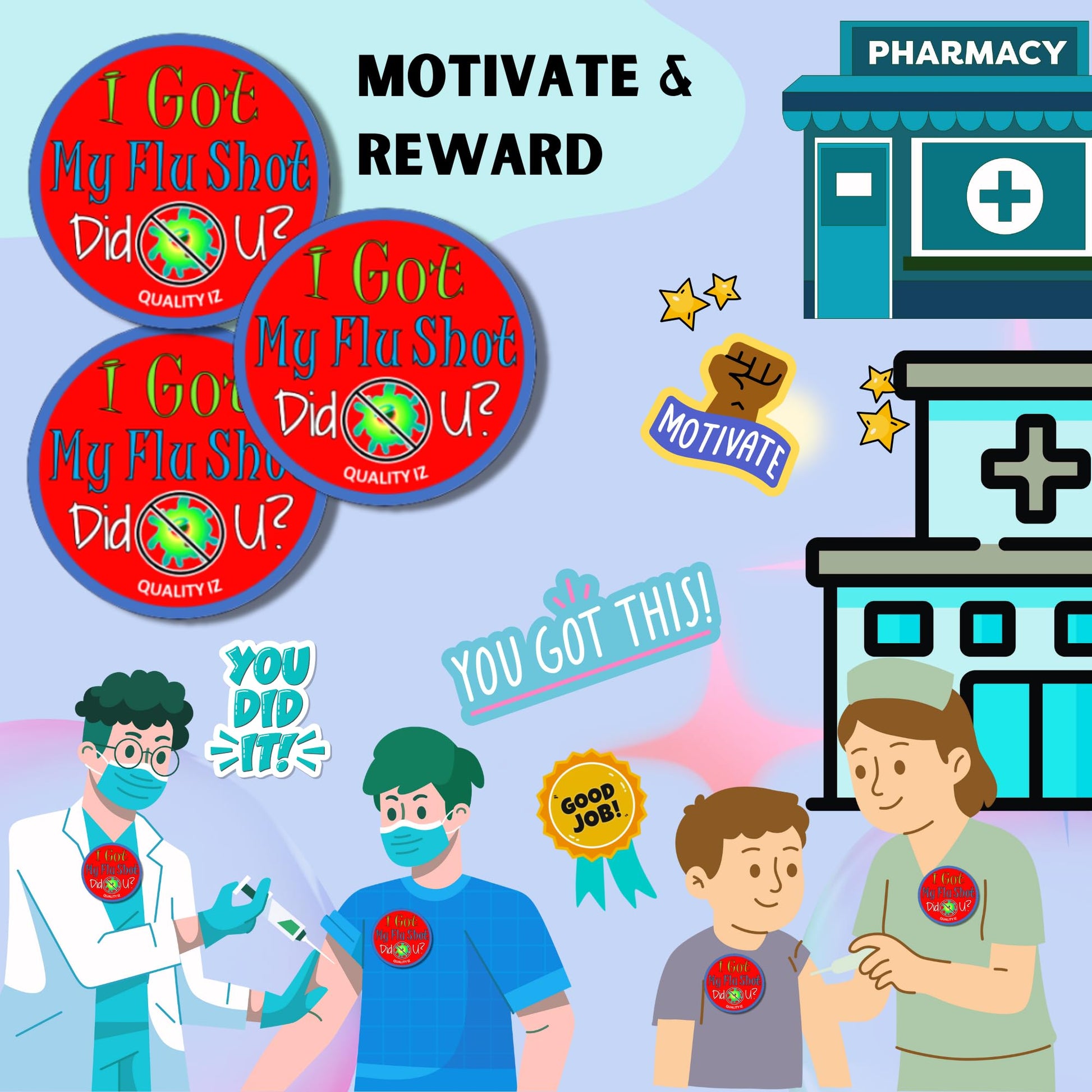 I Got My Flu Shot Did U, 2" Round, Red Stickers (50-Pk)