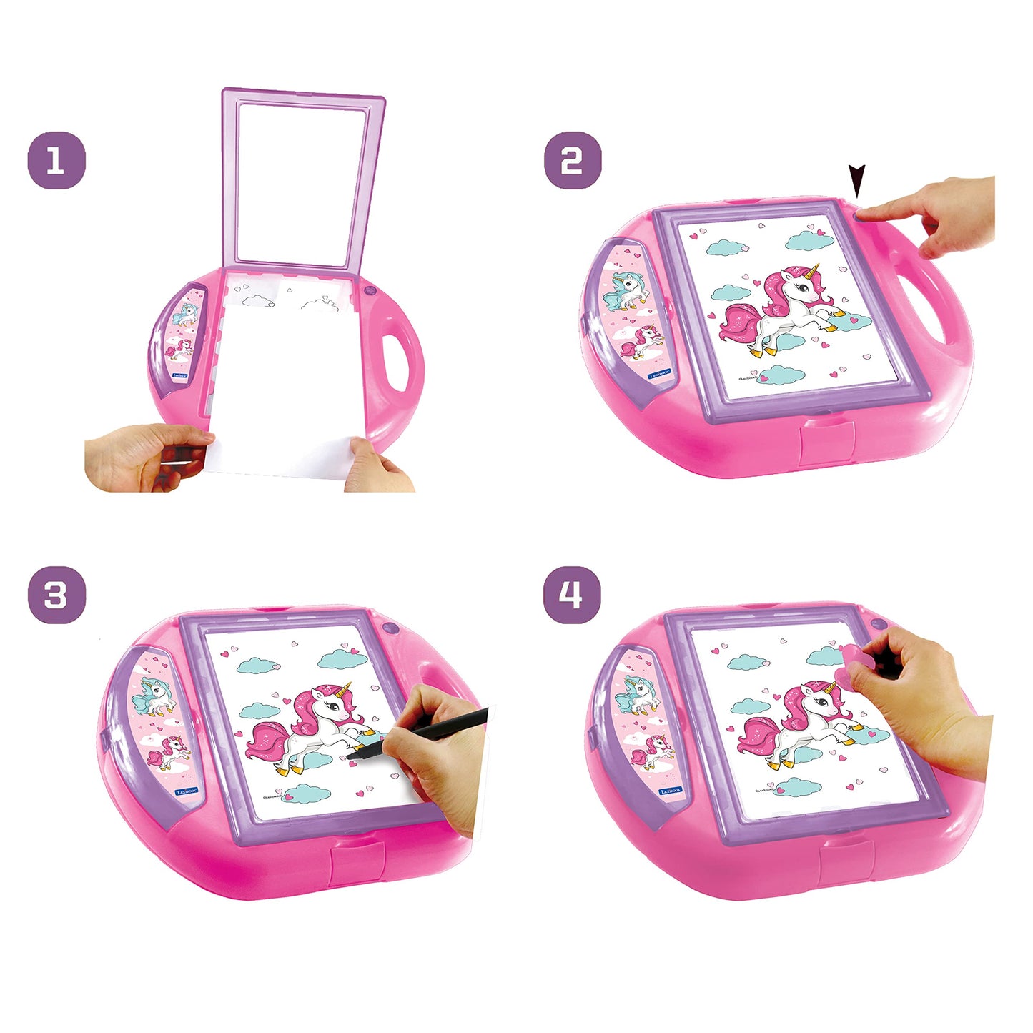 LEXiBOOK, Unicorn Drawing Projector, 4 tampons, 10 templates, Lighting Screen, 1 Pen Included, Artistic and Creative Toy for Girls and Boys