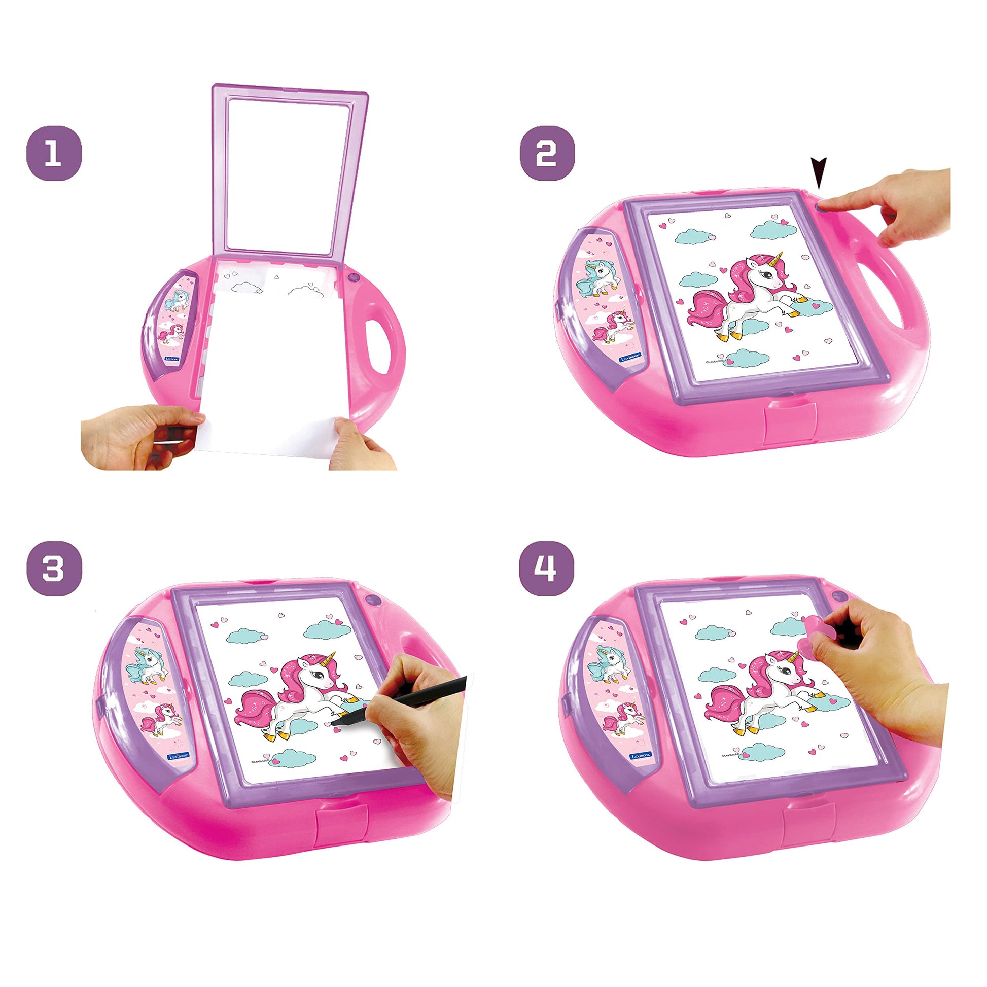 LEXiBOOK, Unicorn Drawing Projector, 4 tampons, 10 templates, Lighting Screen, 1 Pen Included, Artistic and Creative Toy for Girls and Boys