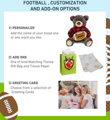DolliBu Brown Bear Stuffed Animal with Football Plush - Super Soft Huggable Bear with Red Plaid Hoodie, Plush Toy Wildlife Gift for Kids and Adults