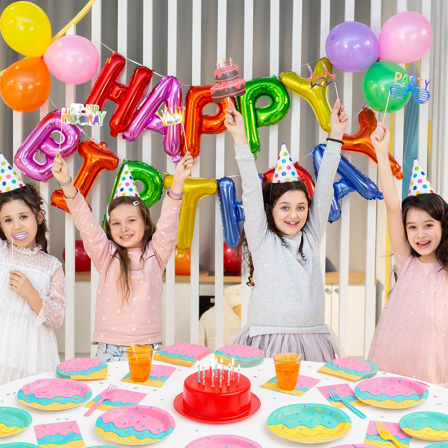 100 Pcs Ice Cream Cone Party Supplies Set, Serves 25 - Disposable Paper Plates, Napkins, and Colorful Forks, Ice Cream Themed Tableware for Kids