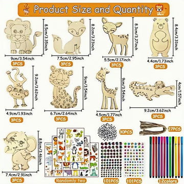 ShaoAngDuoMi 27PCS Paint Your Own Wooden Animal Crafts Kit - DIY Unfinished Wood Ornaments for Kids with Paint Pens & Stickers, Outdoor Art Activity