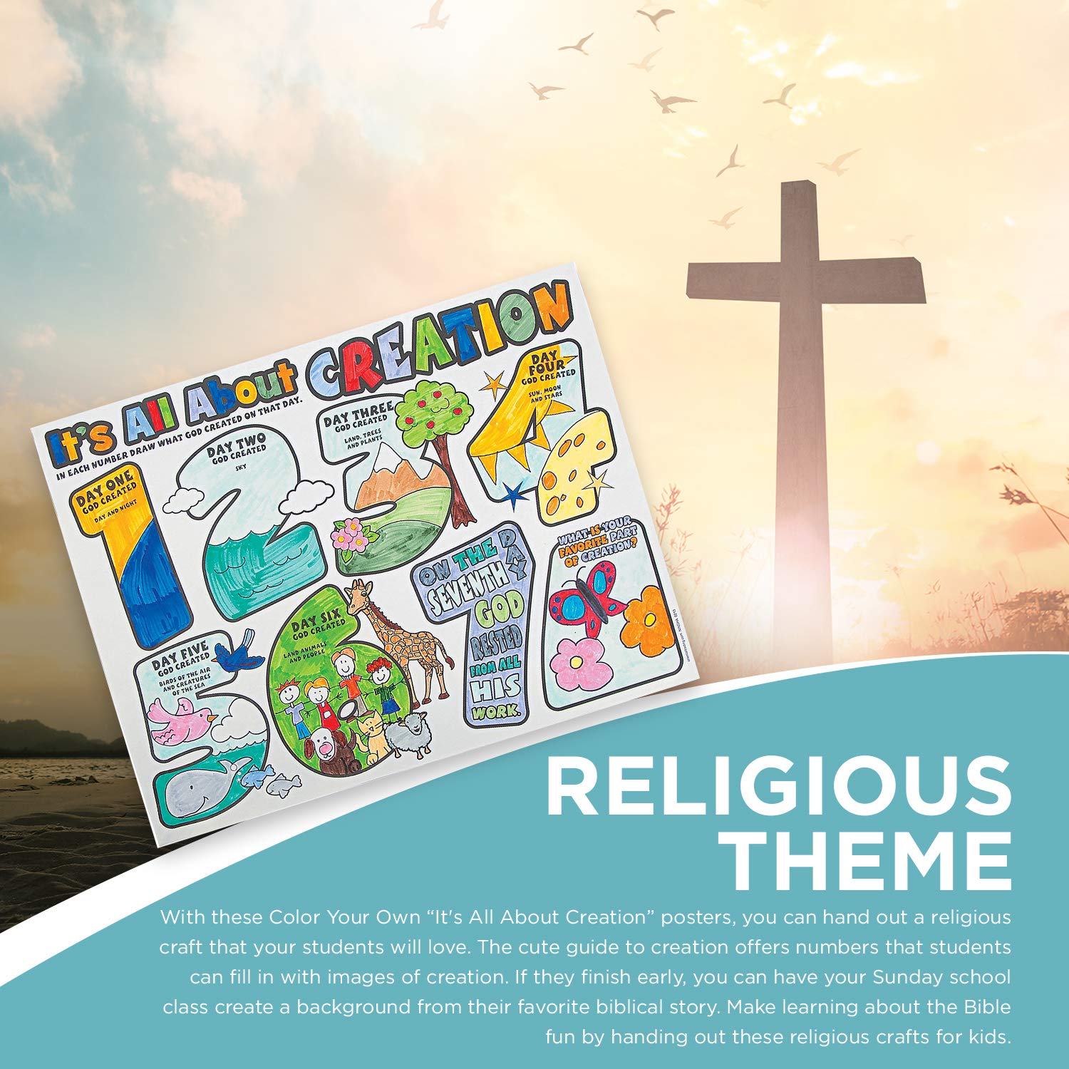 Fun Express Color Your Own All About Creation Poster - Set of 30 - Religious Crafts for Kids and Sunday School Activities VBS 2026