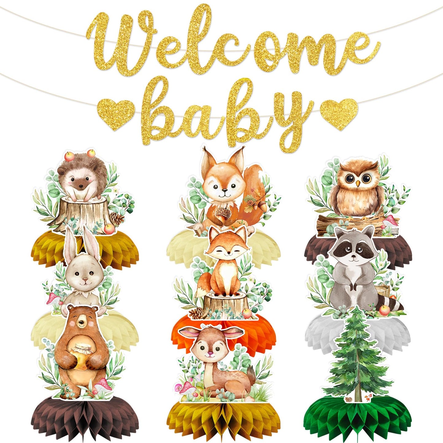10-Piece Woodland Baby Shower Honeycomb Centerpieces with Welcome Baby Banner - Forest Animals Table Decorations for Baby Shower, Gender Reveal