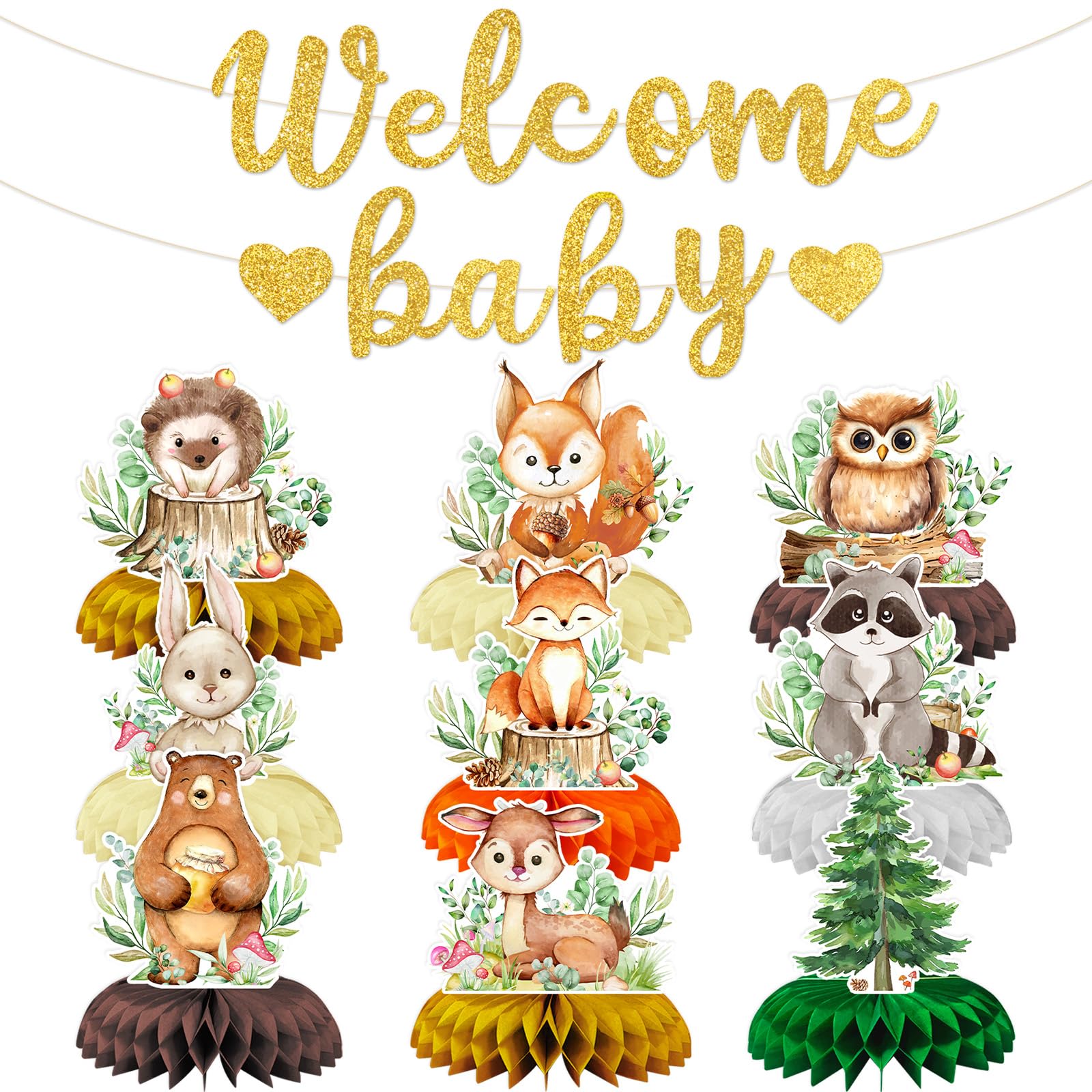 10-Piece Woodland Baby Shower Honeycomb Centerpieces with Welcome Baby Banner - Forest Animals Table Decorations for Baby Shower, Gender Reveal