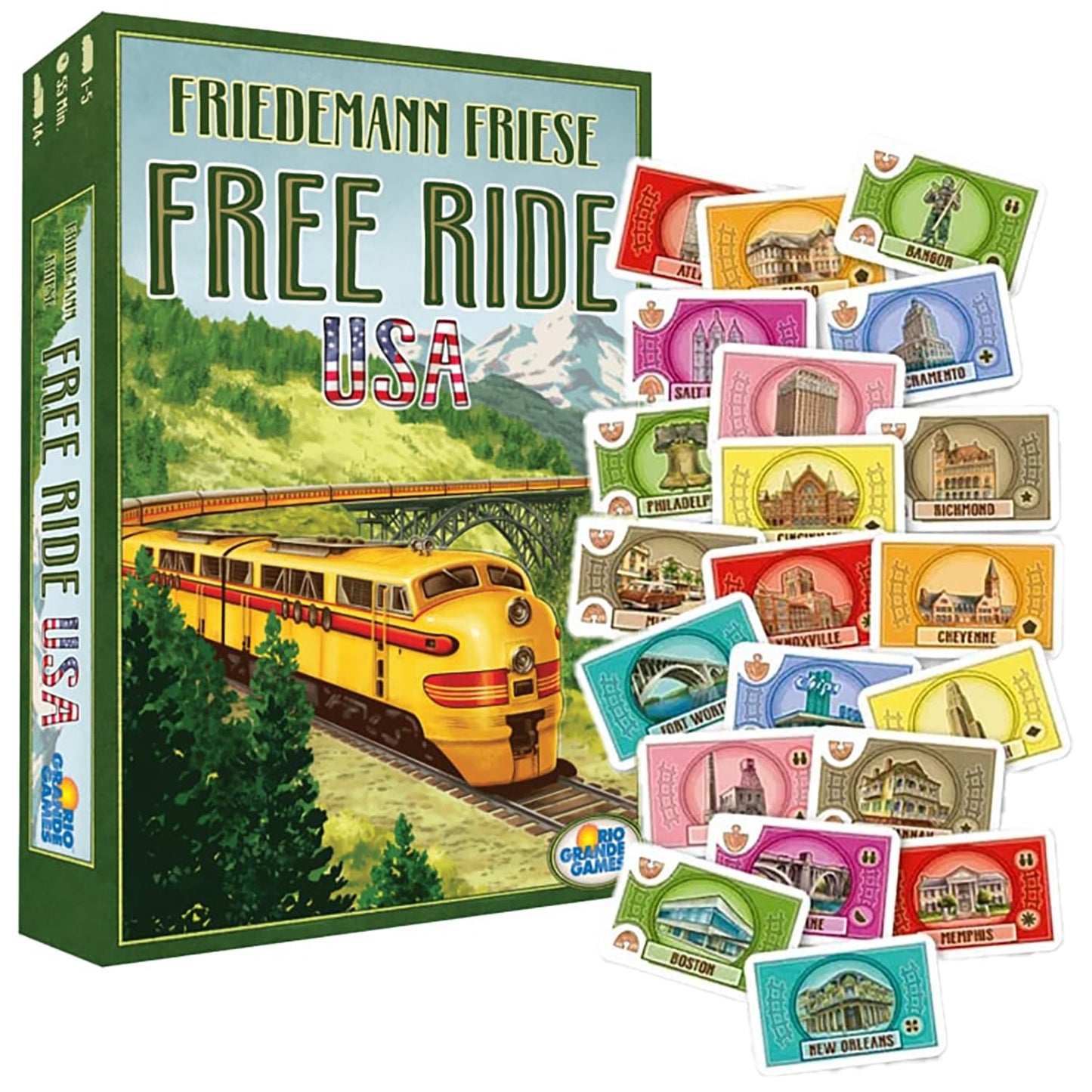 Rio Grande Games: Free Ride USA - Railroad Development Strategy Board Game, 1950s America Themed Train Game, Connect Cities, Ages 14+, 1-5 Players