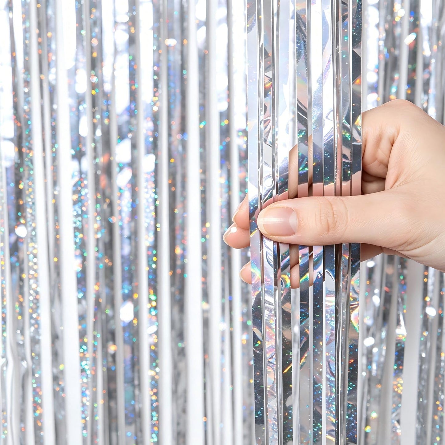 VIEBOUTI 3 Pack Silver Tinsel Fringe Backdrop Curtain, Silver Foil Streamer for Party Decor, Birthday, Wedding, Graduation, Christmas, Holiday Party