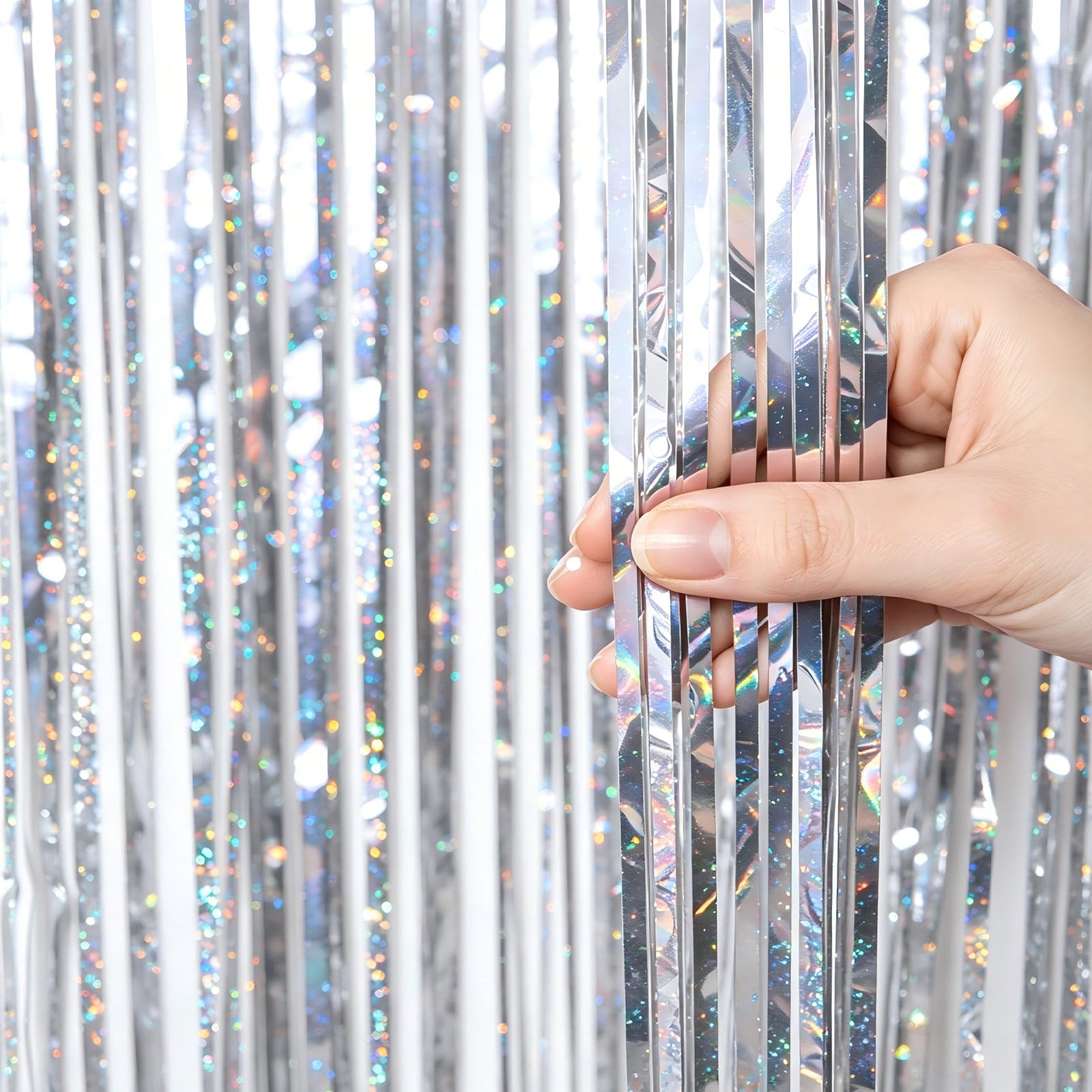 VIEBOUTI 3 Pack Silver Tinsel Fringe Backdrop Curtain, Silver Foil Streamer for Party Decor, Birthday, Wedding, Graduation, Christmas, Holiday Party