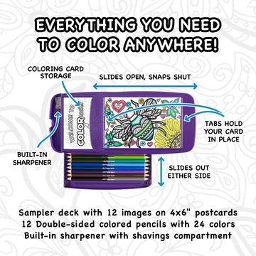 Colorpockit Coloring Kit Travel Art Set with Colored Pencils, 4x6 Coloring Cards, Built in Sharpener, Mess Free Trip Activities for Airplanes or Car