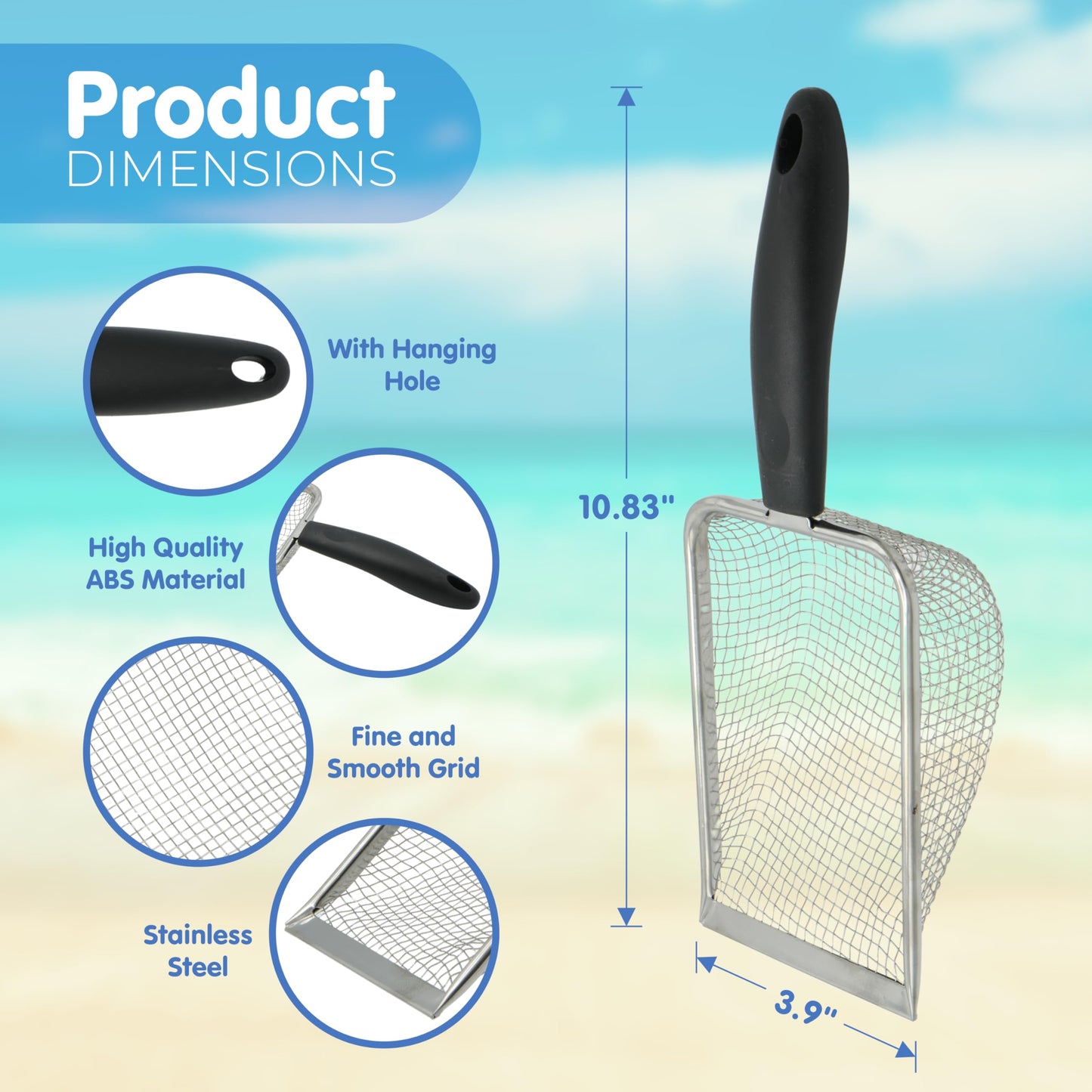 4E's Novelty 2X Shark Tooth Sifter for Beach with 2X Small Mesh Beach Bag for Shell Collecting, Metal Sand Scoop for Picking Up Shells - Beach Toys
