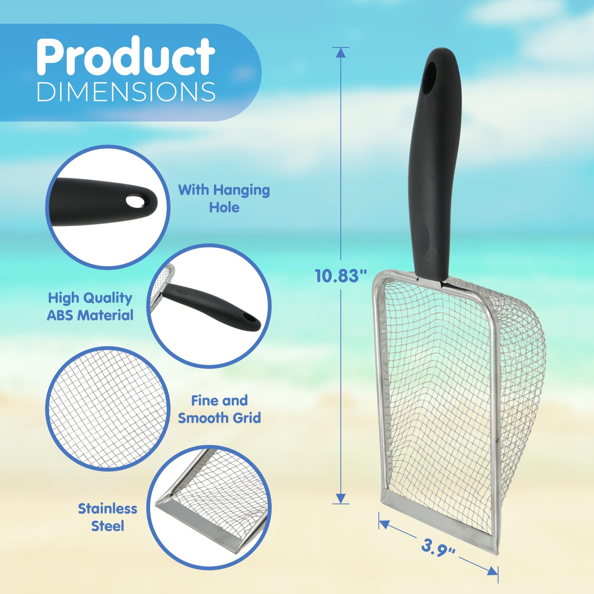 4E's Novelty 2X Shark Tooth Sifter for Beach with 2X Small Mesh Beach Bag for Shell Collecting, Metal Sand Scoop for Picking Up Shells - Beach Toys