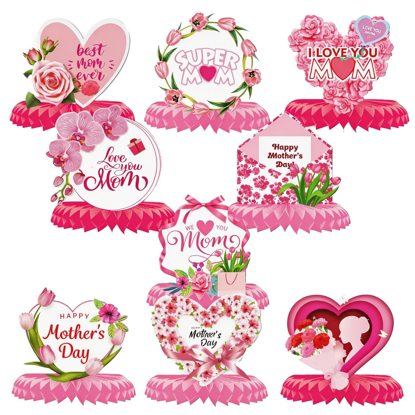 9 Pcs Floral Mother Birthday Table Centerpieces Pink, Floral Mother Party Table Decorations for Party, Best Mom Ever Honeycomb Party Supplies Kit