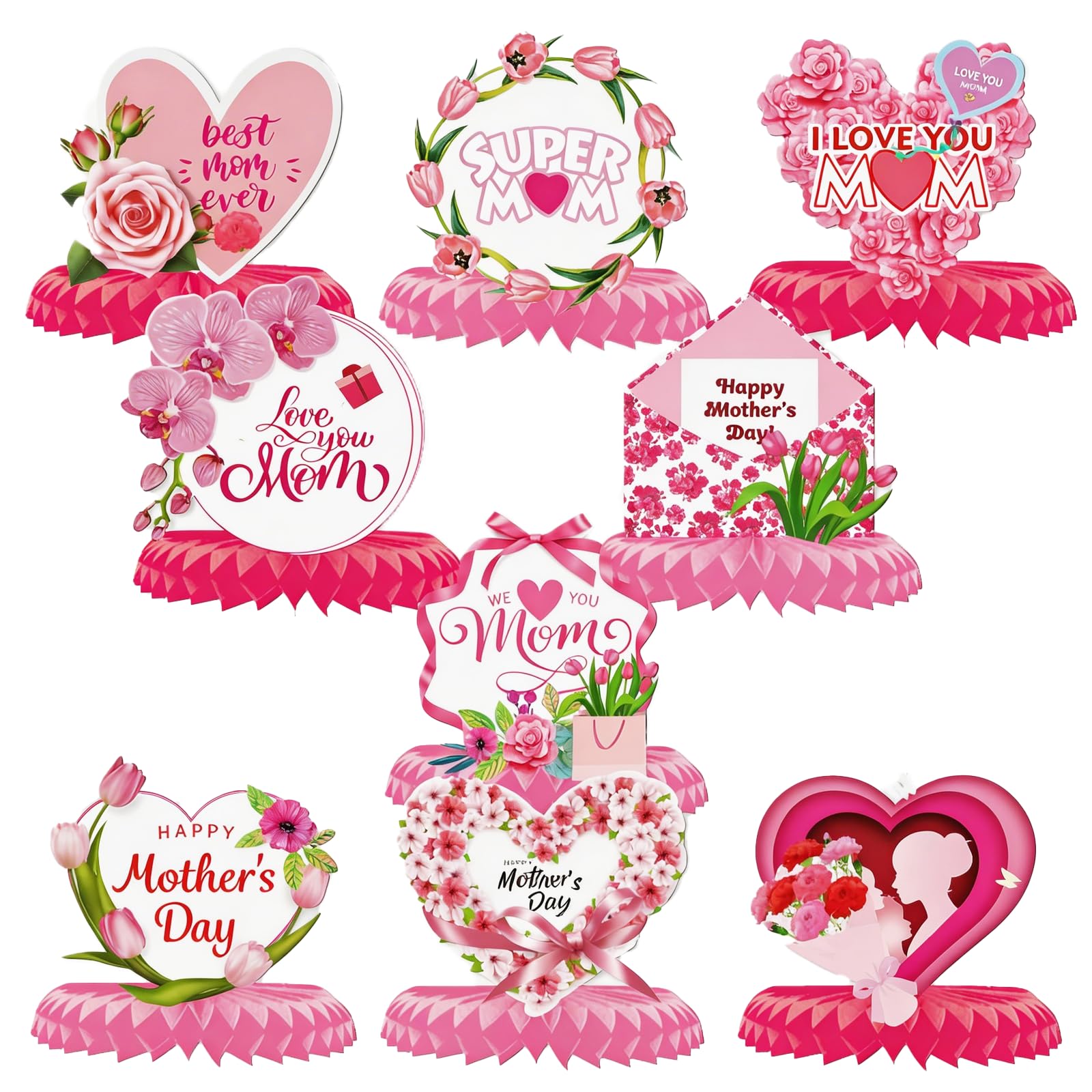 9 Pcs Floral Mother Birthday Table Centerpieces Pink, Floral Mother Party Table Decorations for Party, Best Mom Ever Honeycomb Party Supplies Kit