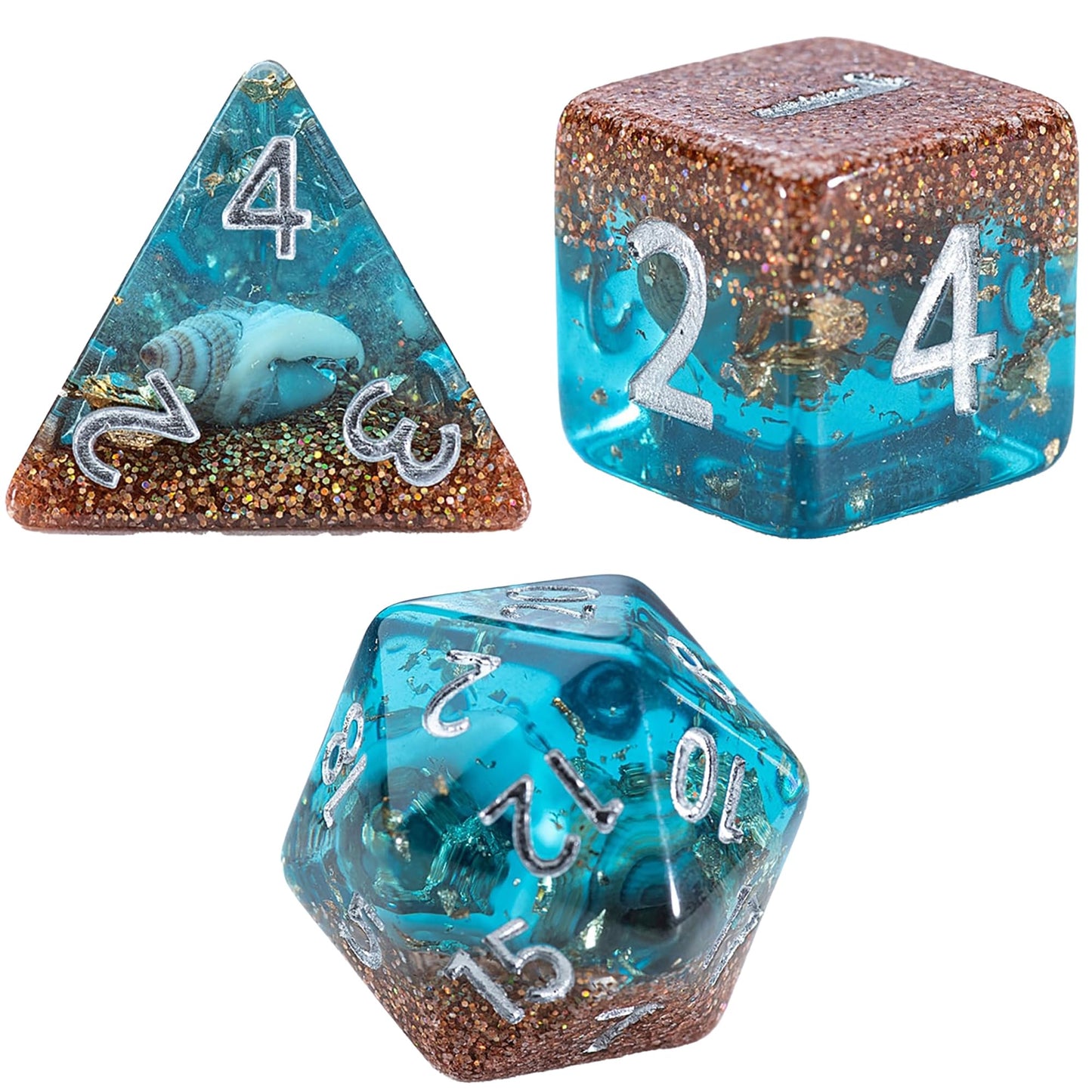 Gate Keeper Games and Dice: Inclusion Dice: Biome - Deep Sea - 7pc Set, Aquatic Blue, Sand & Conch Shell Inclusion, 7 Resin Dice for Role Playing
