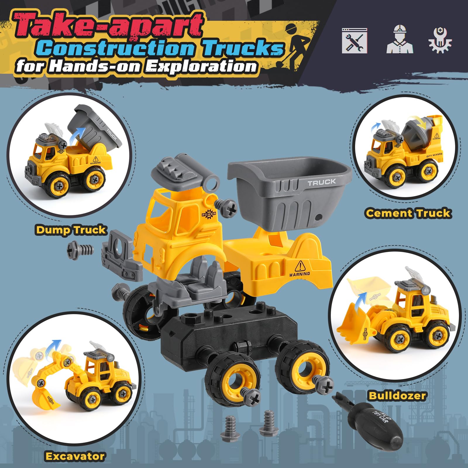 OENUX Construction Play Sand Kit with 4 Take Apart Trucks for Boys Age 3-8