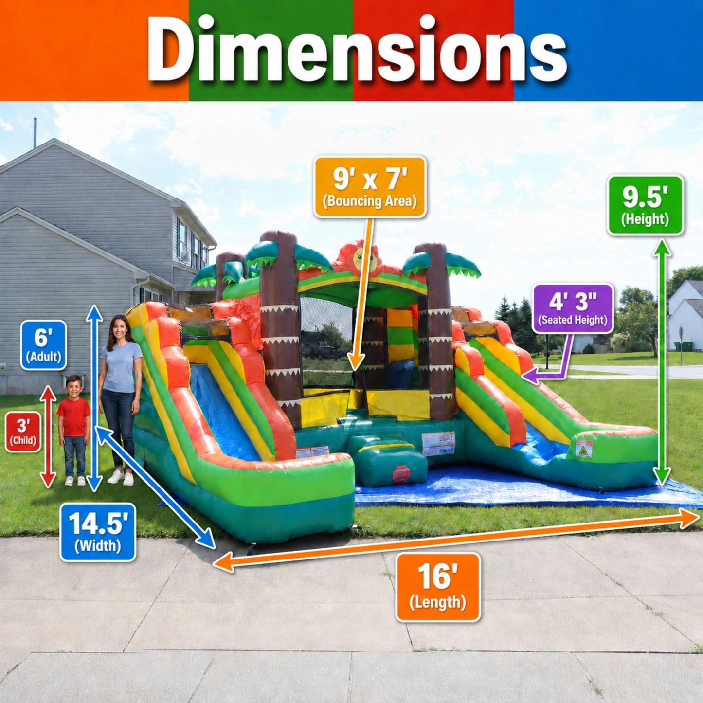 Pogo Bounce House Inflatable Jump Castle Dual Water Slide, Pools, Tropical