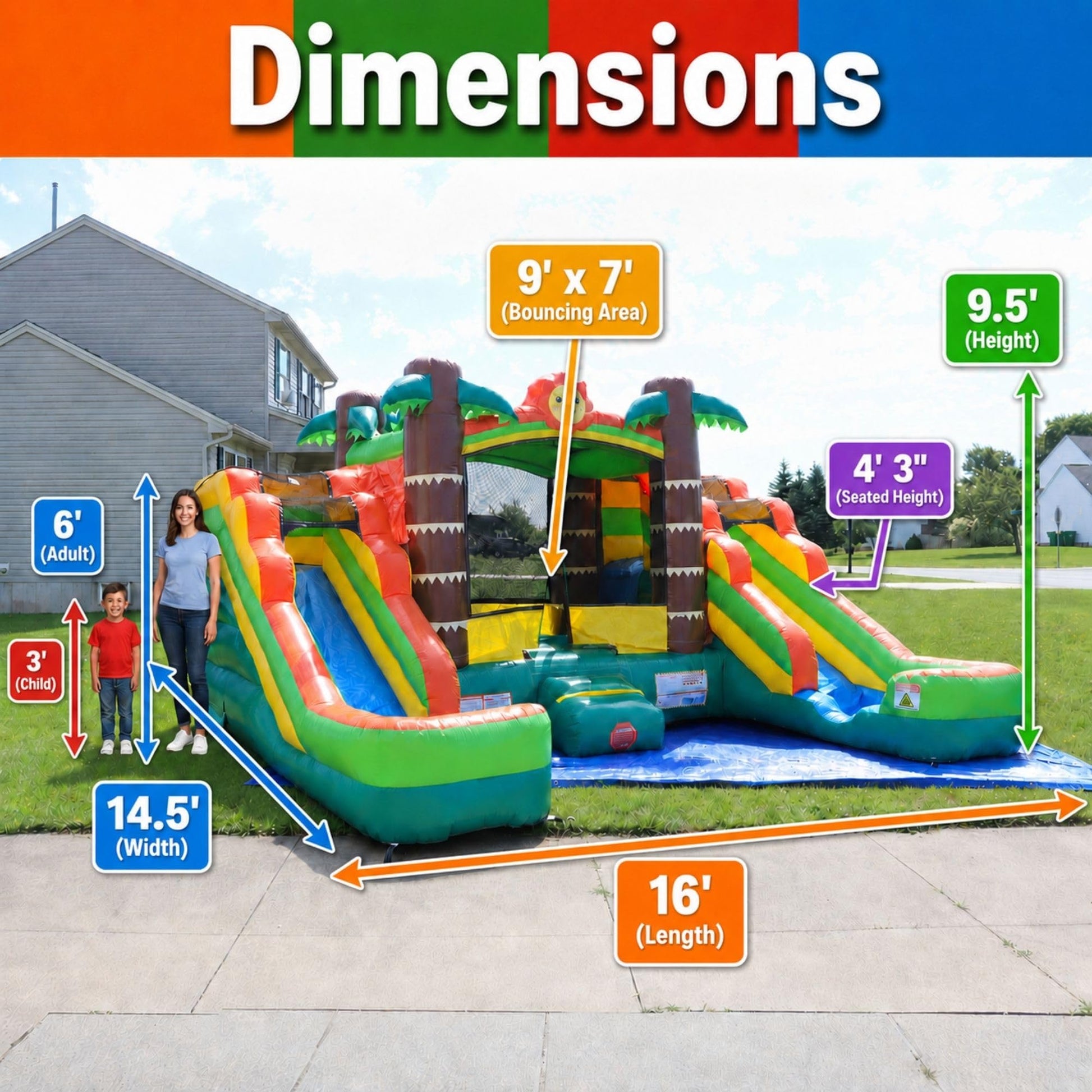 Pogo Bounce House Inflatable Jump Castle Dual Water Slide, Pools, Tropical