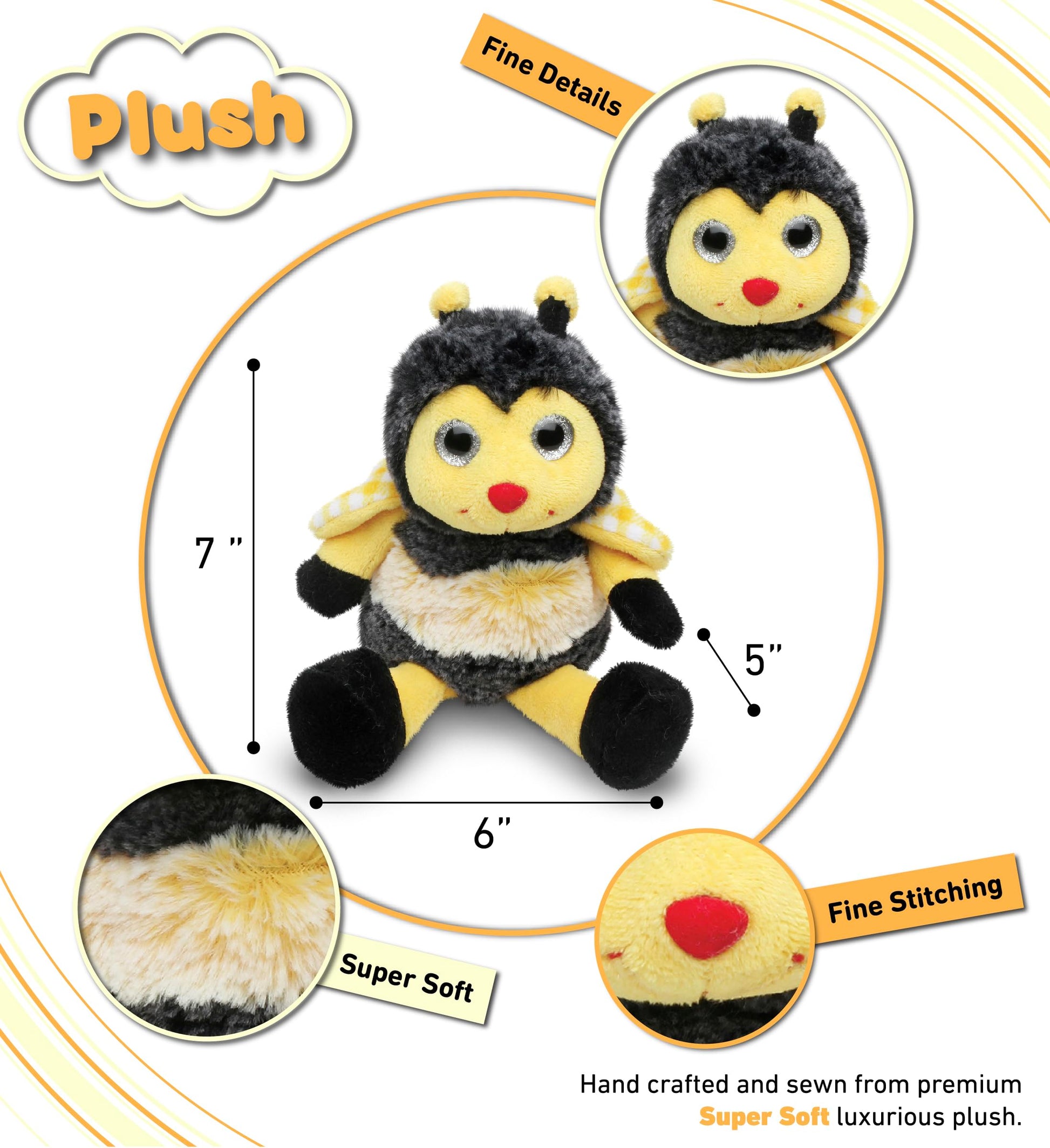 DolliBu Sitting Bee - Soft Realistic Stuffed Animal, Cute Insect Plush Toy for Boys & Girls, Adorable Gift for Baby, Kids & Adults - 7 Inches