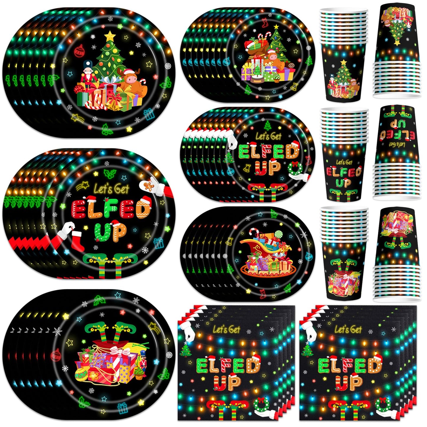 Christmas Party Supplies Disposable Let's Get Elfed Up Tableware Set includes Paper Plates,Napkins and Cups for Elf Christmas Party Supplies,Serve 30