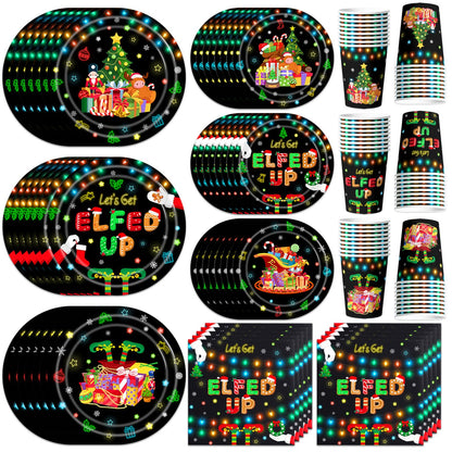 Christmas Party Supplies Disposable Let's Get Elfed Up Tableware Set includes Paper Plates,Napkins and Cups for Elf Christmas Party Supplies,Serve 30