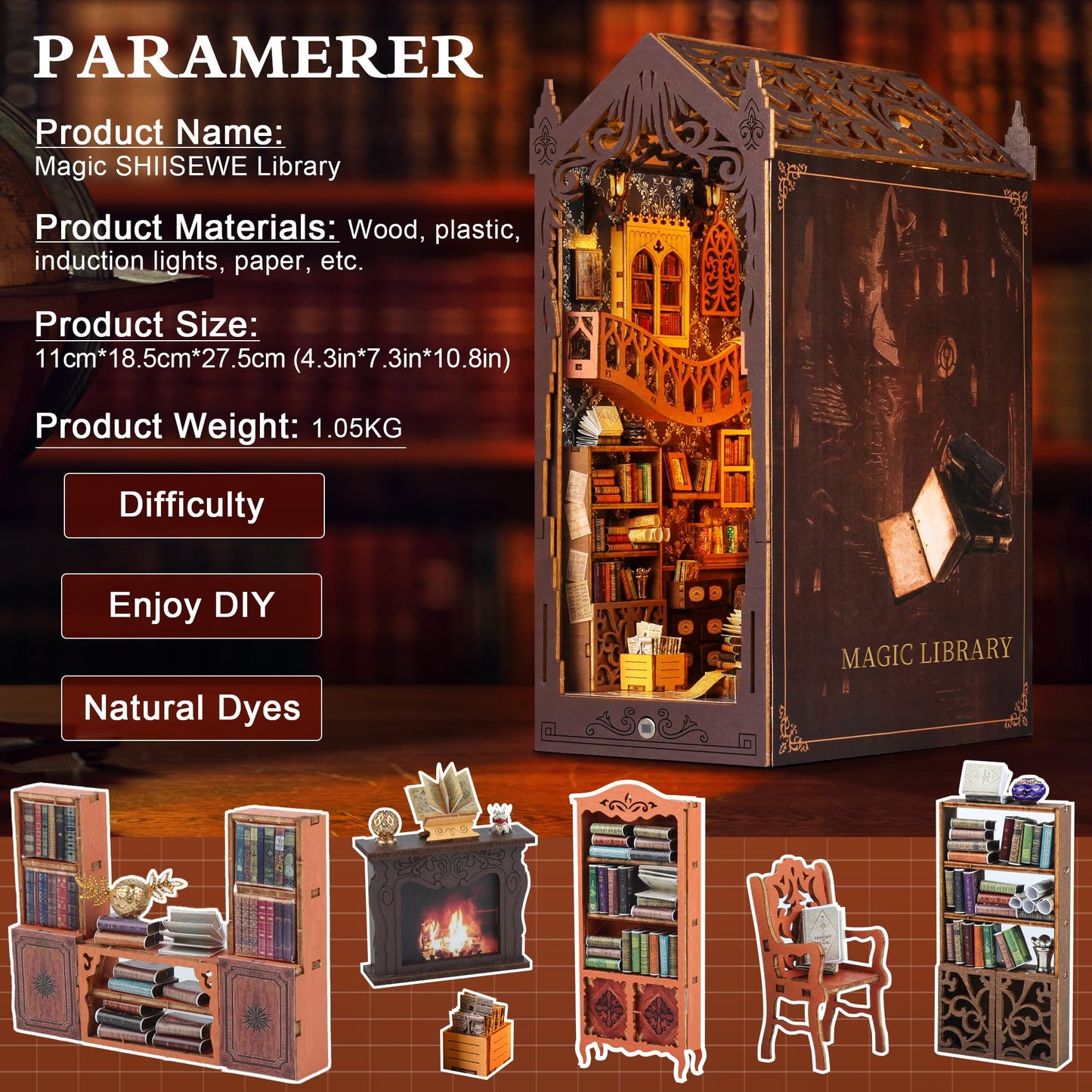 Book Nook Kit - DIY Miniature House Kit for Adults, Teens and Beginners, Magic Library 3D Wooden Puzzle Insert Decor with LED Light, Shelf Miniature