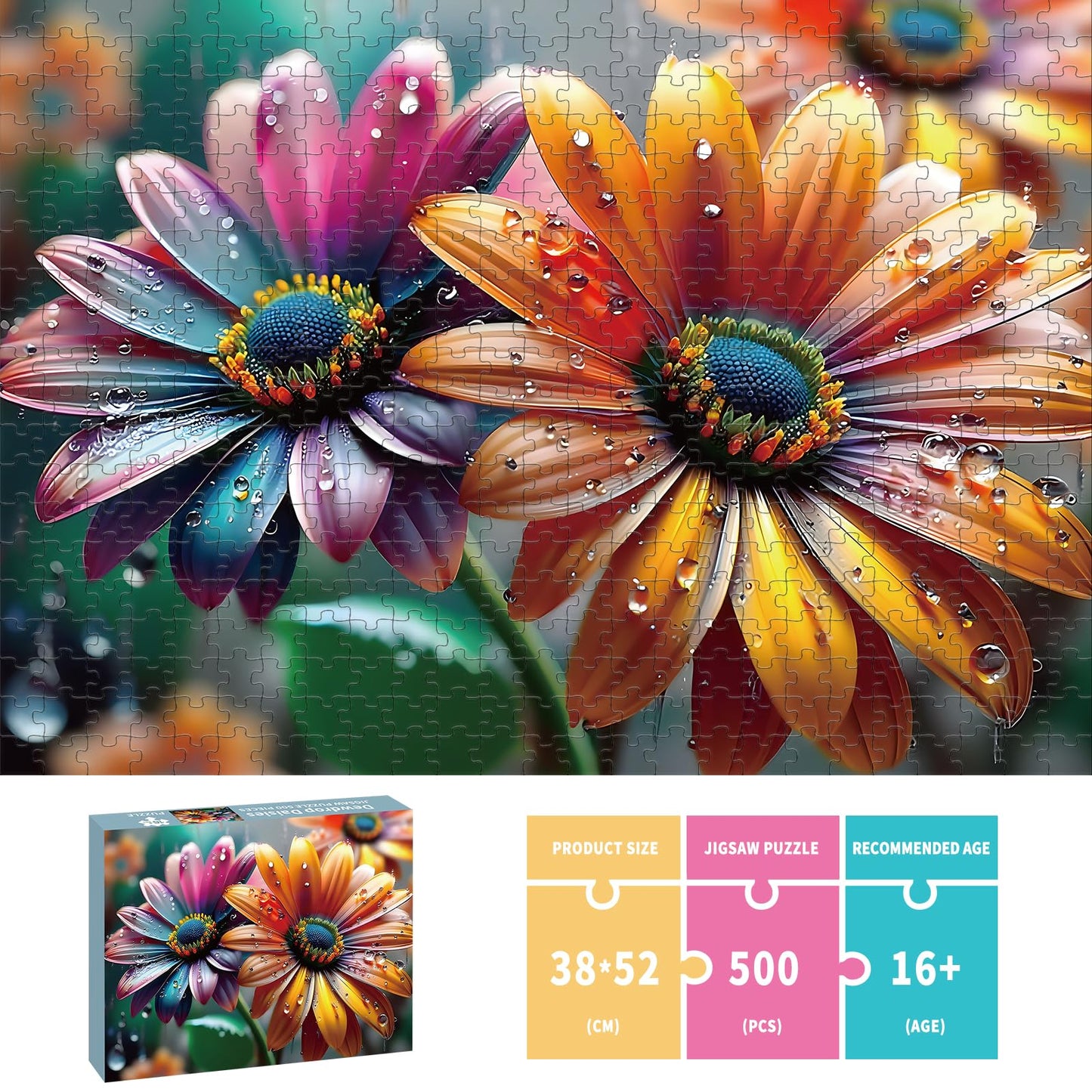 500 Piece Puzzles for Adults, Flowers Jigsaw Puzzles 500 Pieces - Dewdrop Daisies, Impossible Puzzle for Home Decor, Finished Size 20.47 * 14.96”