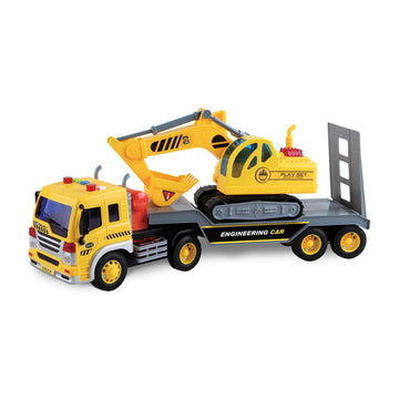 Maxx Action 17’’ Vehicle Transport with Excavator - Bright Lights and Construction Sounds | Friction Powered Trailer | 3 Piece Toy Playset for Kids |