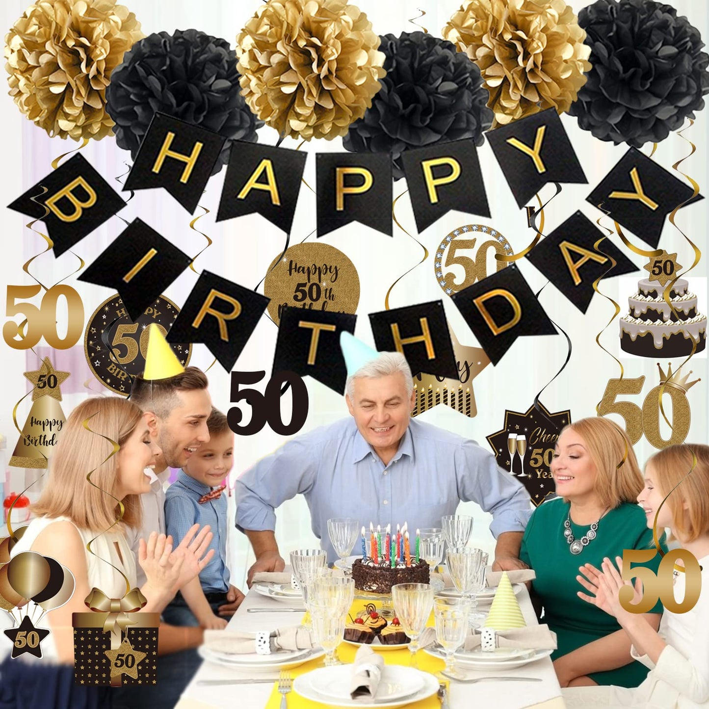 BRT Bearingshui Happy 50th Birthday Hanging Swirls Streamers Decoration Set, Happy Birthday Banner with Tissue Pompoms, Black and Gold 50 Years Old