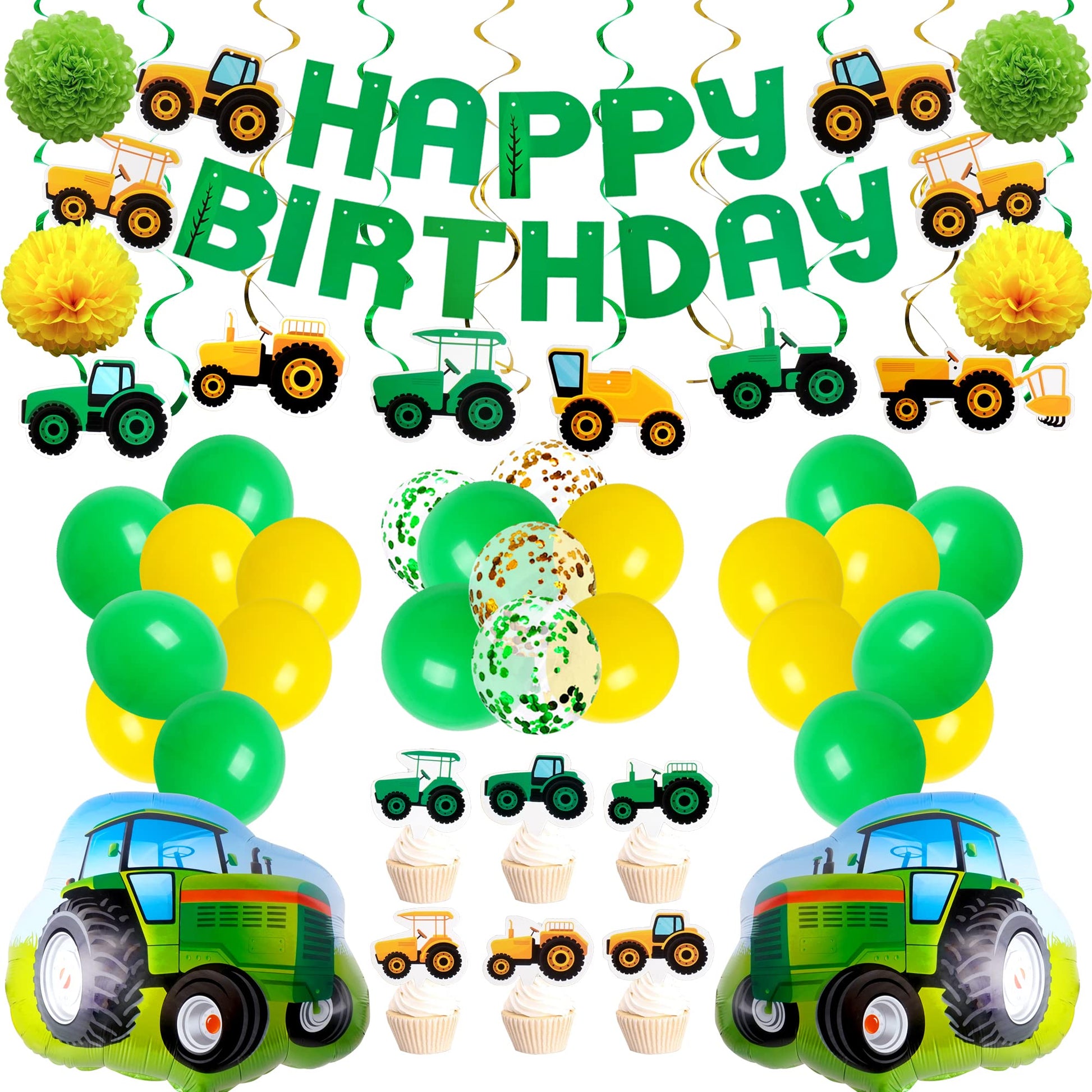 76PCS Green Tractor Themed Party Supplies with Tractor Banner Balloons Garland, Hanging Swirl and Cupcake Toppers for Farm Tractor Decorations As