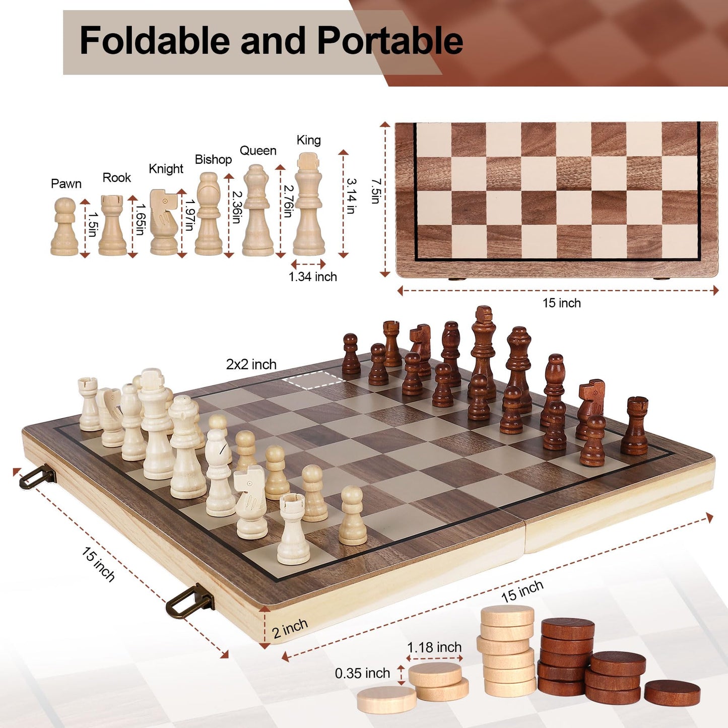 Demiwise 15 Inch Wooden Chess Sets,Chess & Checkers Set with 2 Extra Queens,Foldable Wooden Chess Set Board for Adults,Handmade Portable Chess Board