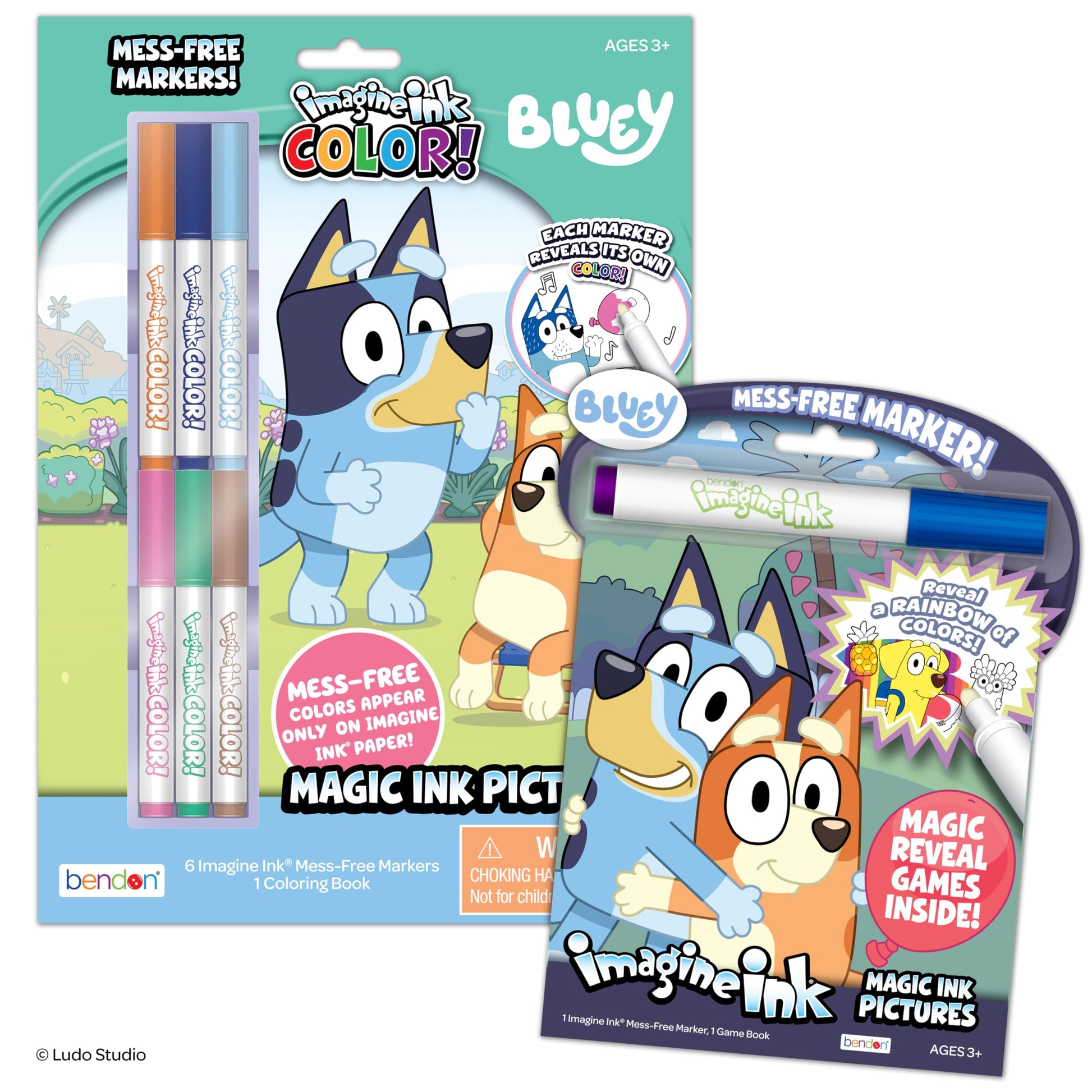 Bendon Official Bluey Imagine Ink Coloring Book Set 2 Pack with Mess-Free Markers, 16 Pages, 6 Magic Ink Markers, Built-in Storage Case, Travel Gift