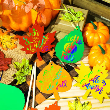 Sealmic 60 Packs Fall Scratch Art Harvest Rainbow Scratch Paper Art Set Thanksgiving Arts and Crafts Colorful Fall Leaves with Colored Ribbons Wooden