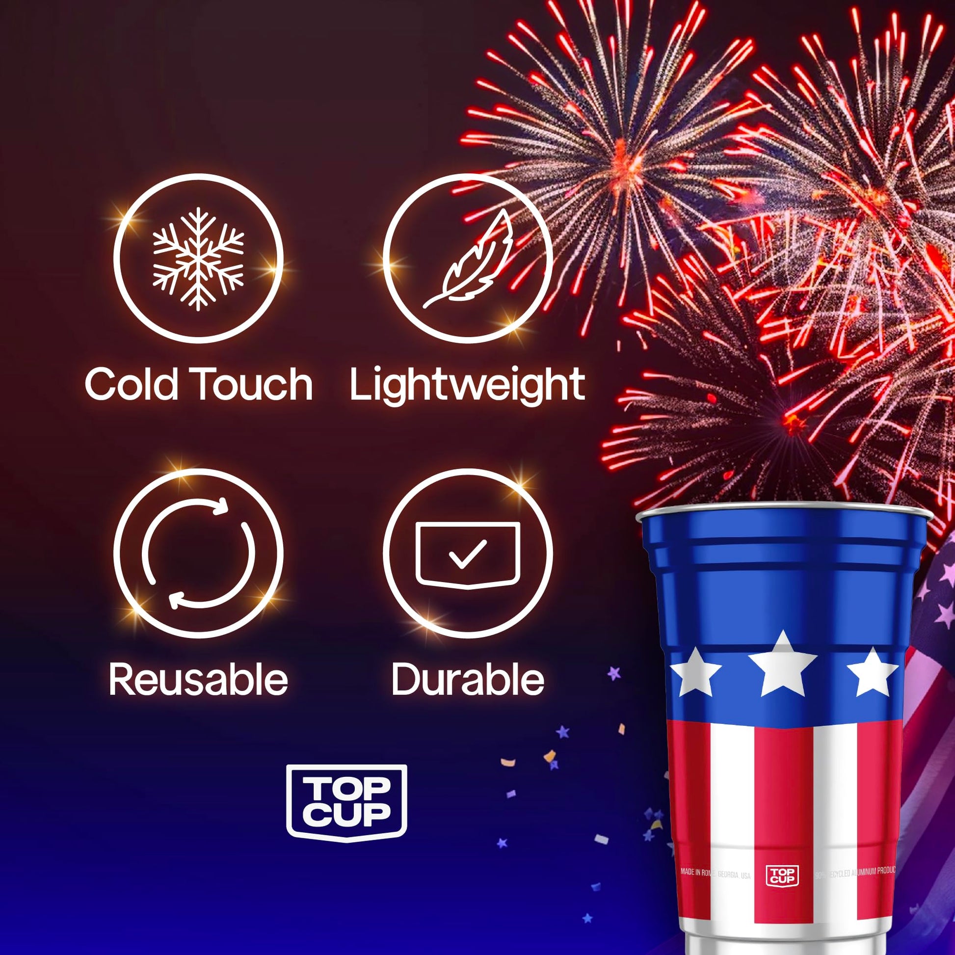 Top Cup Americana Cup | 20 oz Reusable Aluminum Party Cups 20 Count | Durable, Reusable & Recyclable, Made in USA