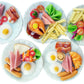 Mixed 5 Assorted Breakfast Dollhouse Miniature Food Set (1/6 Scale) - Sausage, Salmon Steak, Bacon, Burger & Fried Egg on Ceramic Plates, Handmade