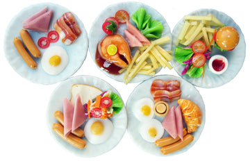 Mixed 5 Assorted Breakfast Dollhouse Miniature Food Set (1/6 Scale) - Sausage, Salmon Steak, Bacon, Burger & Fried Egg on Ceramic Plates, Handmade