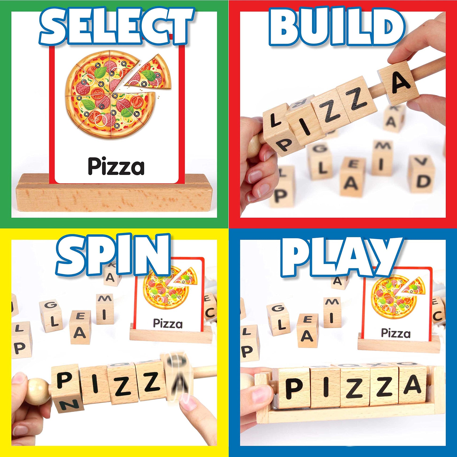 Wooden Reading Blocks - Spin, Spell & Match Words - 16 Alphabet ABC Blocks & 50 Cards with Images - Montessori Learning Reading Games Toy for Toddlers