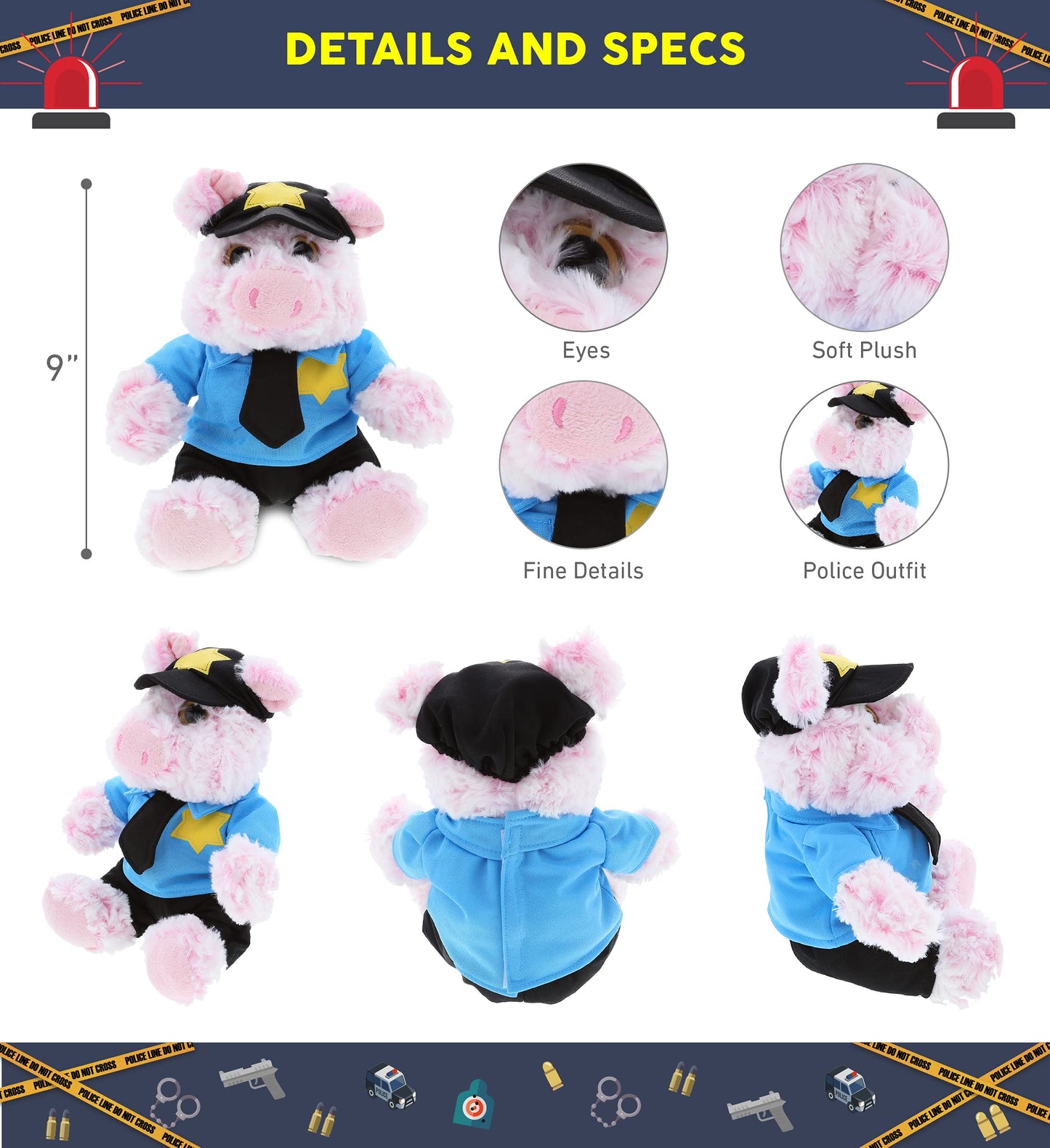 DolliBu Pig Police Officer Plush Toy - Super Soft Sitting Pig Cop Stuffed Animal Dress Up with Cute Cop Uniform & Cap Outfit Gift for Law Enforcement
