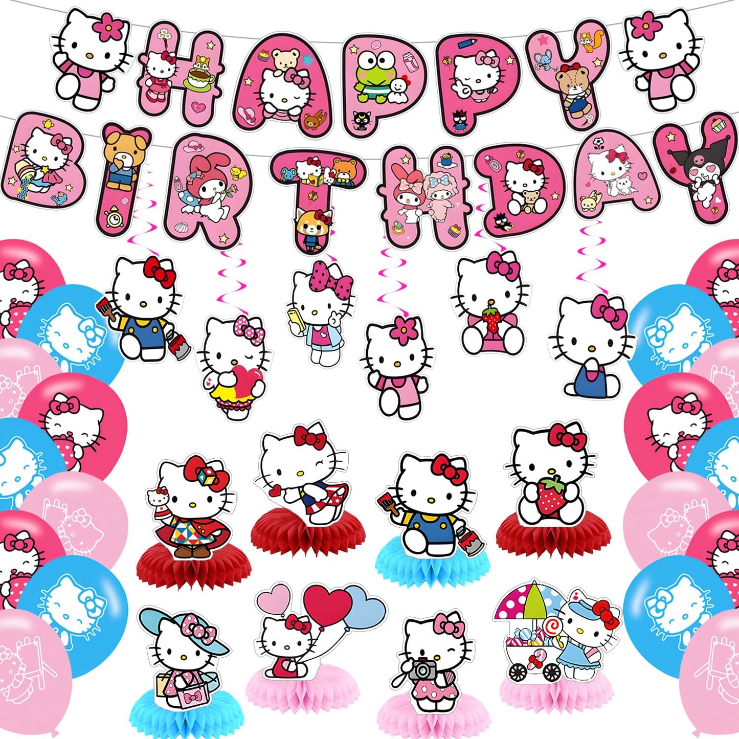 Hello Cat Birthday Party Decorations,Kitty Party Supply Set for Kids with Happy Birthday Banner, Swirls,Centerpieces,24 Balloons for Kitty Cat Party