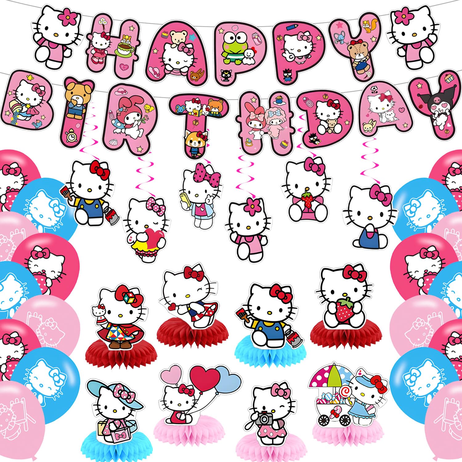 Hello Cat Birthday Party Decorations,Kitty Party Supply Set for Kids with Happy Birthday Banner, Swirls,Centerpieces,24 Balloons for Kitty Cat Party