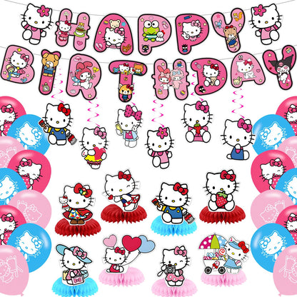 Hello Cat Birthday Party Decorations,Kitty Party Supply Set for Kids with Happy Birthday Banner, Swirls,Centerpieces,24 Balloons for Kitty Cat Party