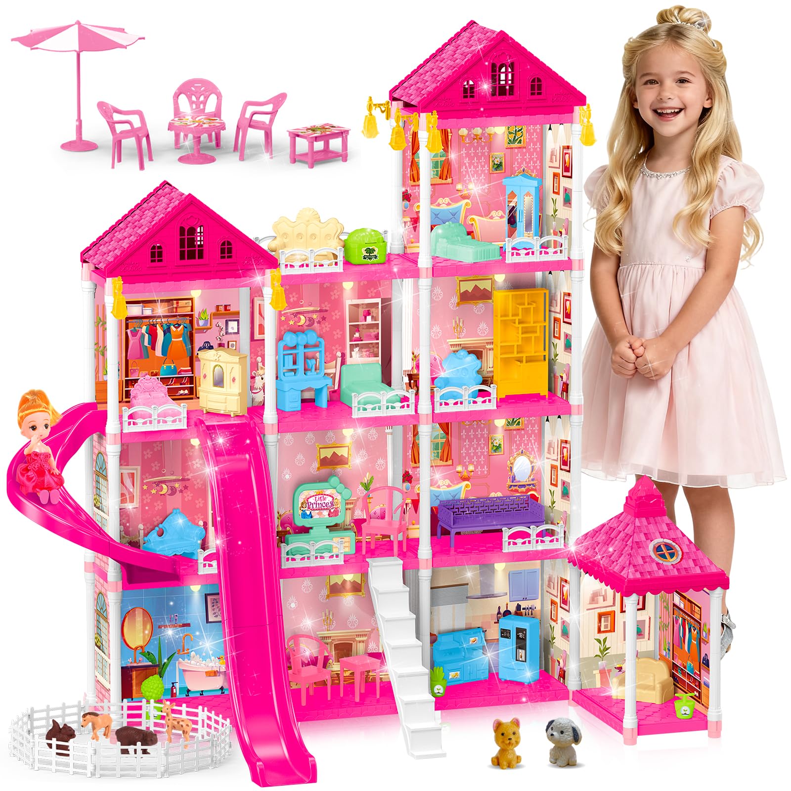 Rongmeiz 4-Story Doll House Large DIY Playhouse for Girls, Little Girl Dream House with Furniture, Animals Play Area & 2 Princesses Slide, Creative