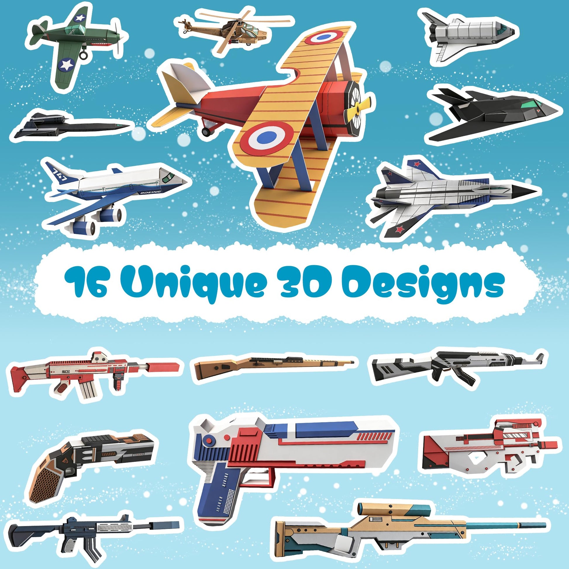 2 Themes in 1, 3D Paper Building Model, DIY Origami Kit for Kids Ages 8-12, Includes 16 Pre-cut, Easy-to-Assemble Aircraft & Weapon 3D Paper Building