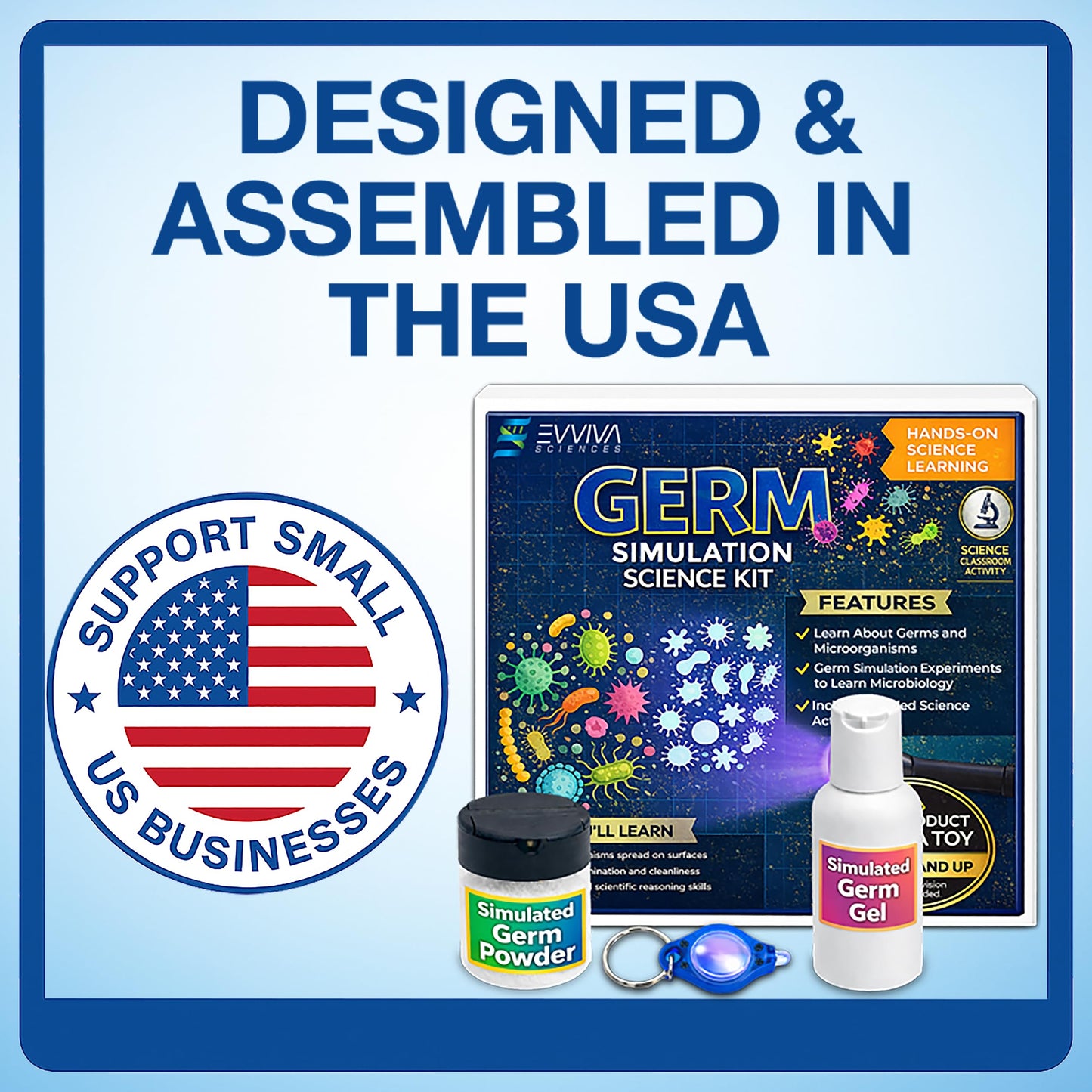 ES EVVIVA SCIENCES Germ Simulation Science Kit - Glow-in-the-Dark Powder & Gel - Blacklight Reactive Demonstration - Classroom Lab Activity - Ages 16+