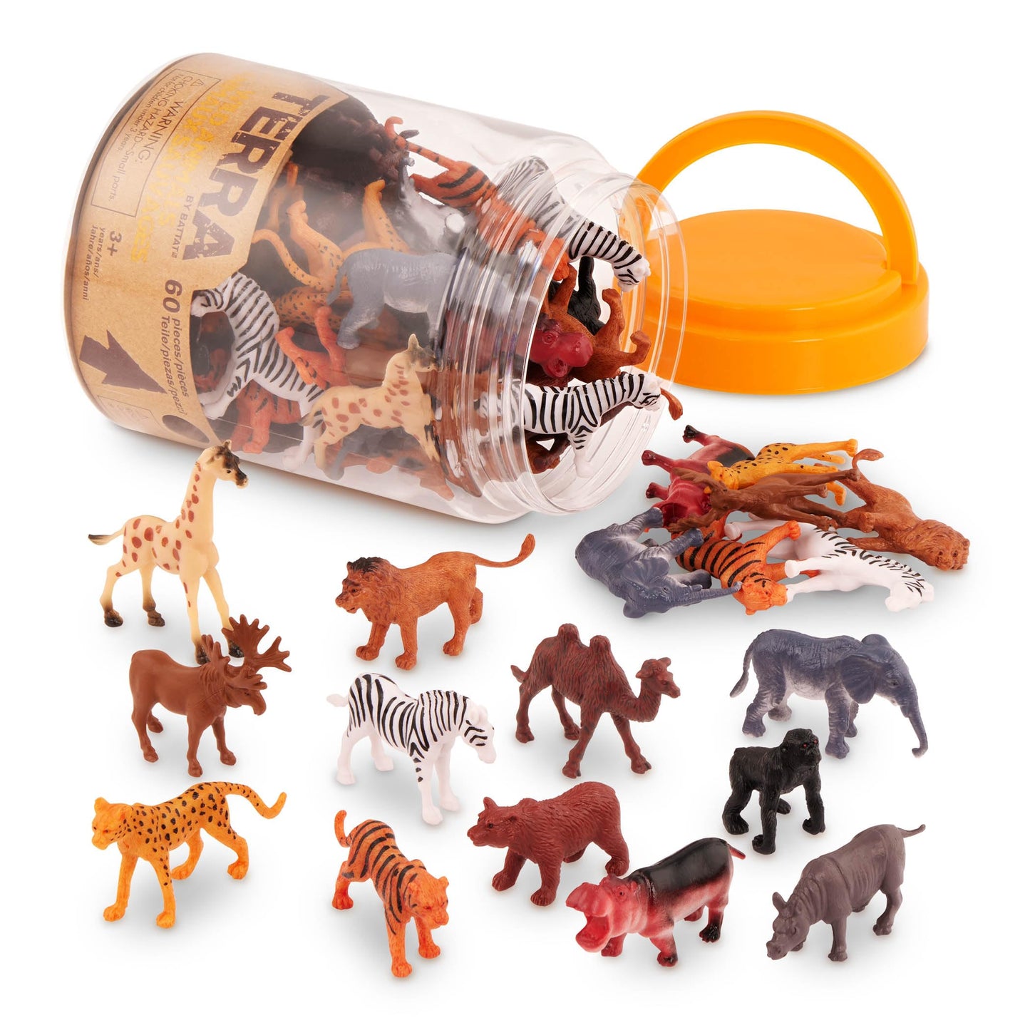 Terra by Battat - 60 Pieces Wild Creatures Tube - Realistic Mini Animal Figurines - Lion, Hippo, Tiger, Bear & More Safari Animals - Educational Toys