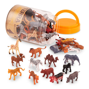 Terra by Battat - 60 Pieces Wild Creatures Tube - Realistic Mini Animal Figurines - Lion, Hippo, Tiger, Bear & More Safari Animals - Educational Toys