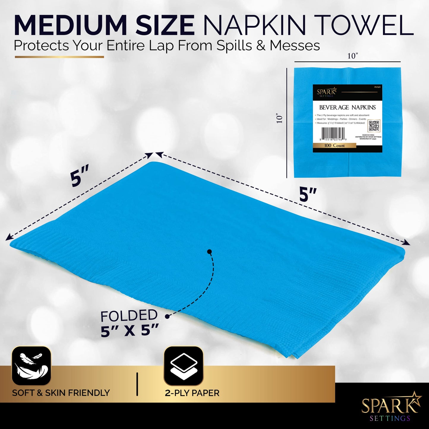 Amcrate Big Party Pack 100 Count Caribbean Blue Beverage Napkins - Ideal for Wedding, Party, Birthday, Dinner, Lunch, Cocktails. (4” x 4”)